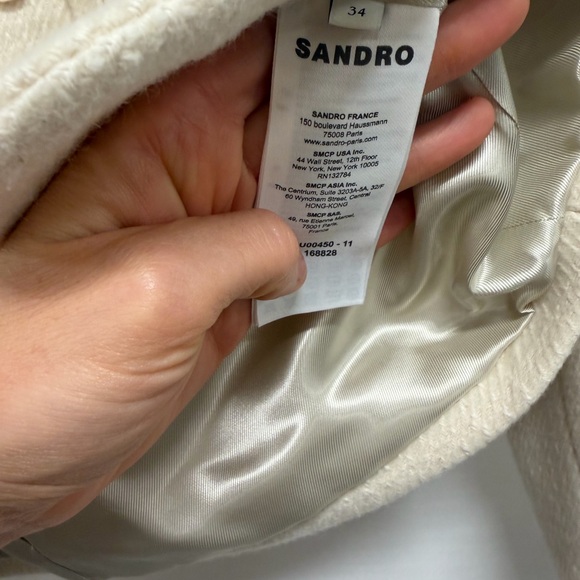 Sandro Paris Cropped Jacket Cream Textured Wool Blend Button Front Size 34 XS - Picture 10 of 10